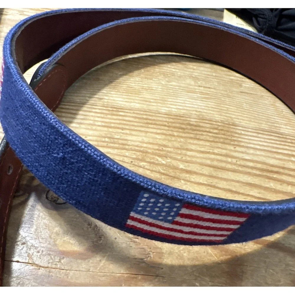 Smathers & Branson Needlepoint Belt 42 American Flag Leather USA 4th July USA